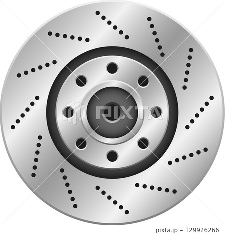Silver and gray brake rotor with drilled holes for performance and stopping power. 129926266
