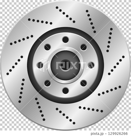 Silver and gray brake rotor with drilled holes for performance and stopping power. 129926266