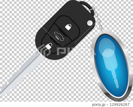 Remote car key with lock, unlock, and trunk release functions, on chain with oval fob. 129926267