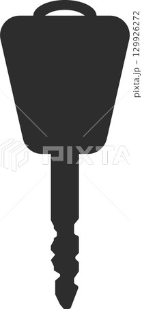 Monochrome silhouette of a key, its shape and design clear against the stark black background. 129926272