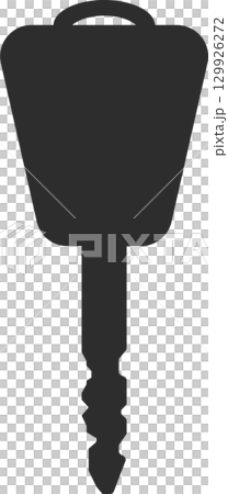 Monochrome silhouette of a key, its shape and design clear against the stark black background. 129926272