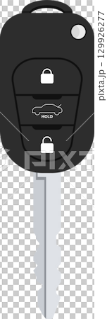 A vector graphic shows a car key with remote functions for locking, trunk access and unlocking. 129926277