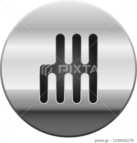 A round silver icon displays a black pattern showing possible positions of a manual transmission. A round silver icon displays a black pattern showing possible positions of a manual transmission. 129926279