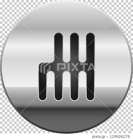 A round silver icon displays a black pattern showing possible positions of a manual transmission. A round silver icon displays a black pattern showing possible positions of a manual transmission. 129926279