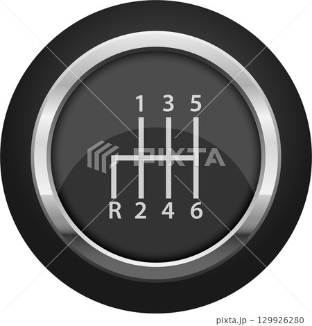 Manual transmission gear shift pattern diagram on a dark background inside a silver ring. 129926280