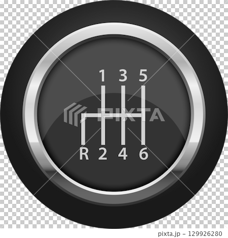 Manual transmission gear shift pattern diagram on a dark background inside a silver ring. 129926280