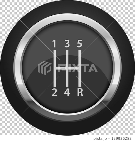 A detailed close-up of a gearshift pattern diagram, featuring silver numbers and shift layout. 129926282