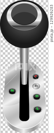 Close up of a chrome car gear shift, showing park, reverse, neutral, drive and low gear. 129926283