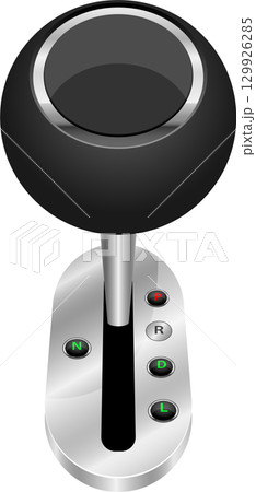 A shiny, silver-and-black automatic transmission gear shift for a vehicle with multiple settings. 129926285