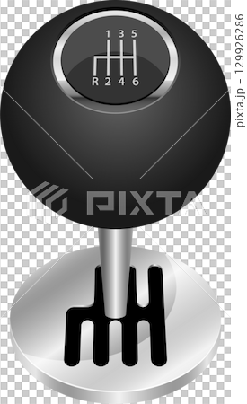 A black manual gear stick with a silver base showing the gears 1 to 6 and reverse position. 129926286