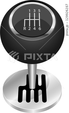 Illustration of a six-speed manual transmission gear stick showing gear positions on the knob. 129926287