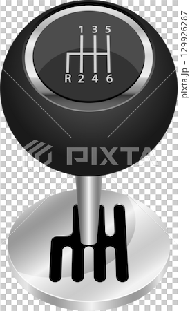 Illustration of a six-speed manual transmission gear stick showing gear positions on the knob. 129926287