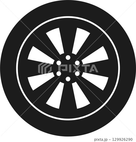 A dark grey tire with a complex rim design, radial spokes, and a sturdy, circular shape. A dark grey tire with a complex rim design, radial spokes, and a sturdy, circular shape. 129926290