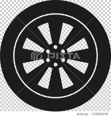 A dark grey tire with a complex rim design, radial spokes, and a sturdy, circular shape. 129926290