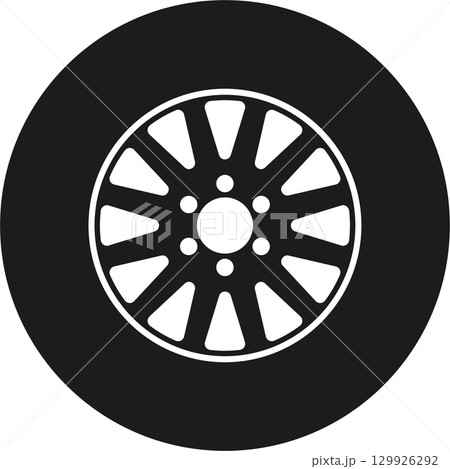 A simple illustration of a black tire with a stylized rim, set against a dark background. A simple illustration of a black tire with a stylized rim, set against a dark background. 129926292