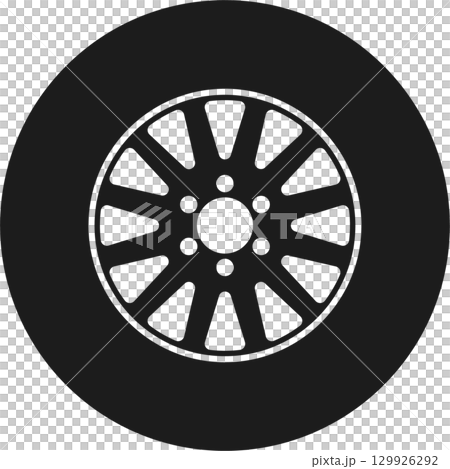 A simple illustration of a black tire with a stylized rim, set against a dark background. A simple illustration of a black tire with a stylized rim, set against a dark background. 129926292