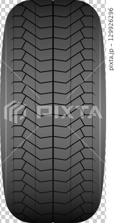 Close-up of a gray radial car tire with unique geometric patterns and tread in a studio setting. 129926296