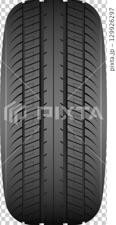 Close up of a car tire displaying its textured tread pattern, essential for traction and safety. 129926297