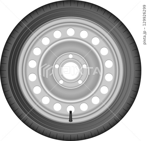 A close-up of a car wheel showcasing the tire and metal rim, highlighting its circular design A close-up of a car wheel showcasing the tire and metal rim, highlighting its circular design 129926299