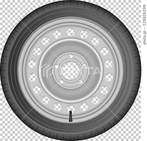 A close-up of a car wheel showcasing the tire and metal rim, highlighting its circular design A close-up of a car wheel showcasing the tire and metal rim, highlighting its circular design 129926299
