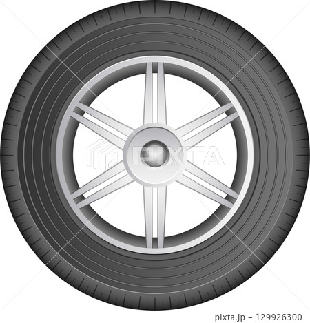 Sleek automobile tire with silver rim and minimalist design against a stark black background. 129926300