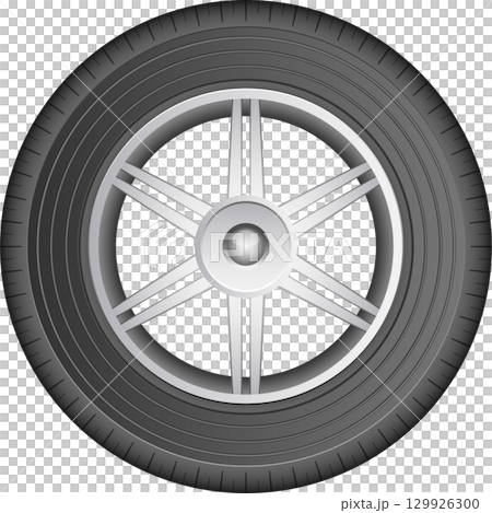 Sleek automobile tire with silver rim and minimalist design against a stark black background. 129926300