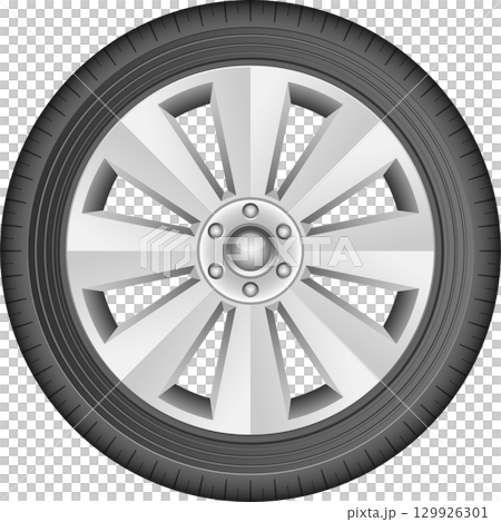 Sleek silver car wheel and tire combination with an intricate spoke design on a black background. 129926301