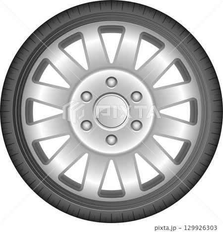 Silver vehicle wheel with open triangle pattern spokes and tire on a black background. 129926303