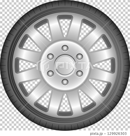 Silver vehicle wheel with open triangle pattern spokes and tire on a black background. 129926303