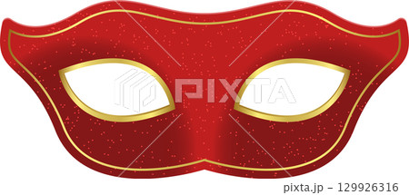 A red masquerade mask with a gold trim and sparkles throughout the entirety of the mask. 129926316