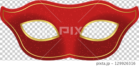 A red masquerade mask with a gold trim and sparkles throughout the entirety of the mask. 129926316