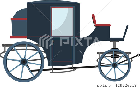 A vintage horse-drawn carriage with navy blue paint and red accents, with big wheels and a door. 129926318