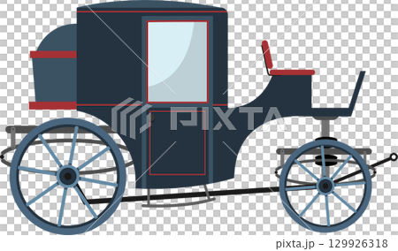 A vintage horse-drawn carriage with navy blue paint and red accents, with big wheels and a door. 129926318