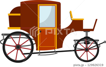 An antique, enclosed horse-drawn carriage with red spoked wheels, a door, and seating outside. 129926319