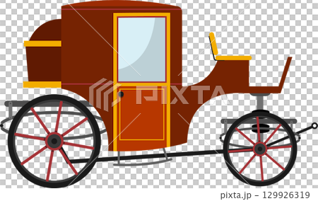 An antique, enclosed horse-drawn carriage with red spoked wheels, a door, and seating outside. 129926319