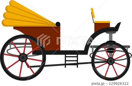 Antique buggy with a brown body, black frame, and red-spoked wheels for vintage transportation. 129926322