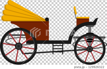 Antique buggy with a brown body, black frame, and red-spoked wheels for vintage transportation. 129926322