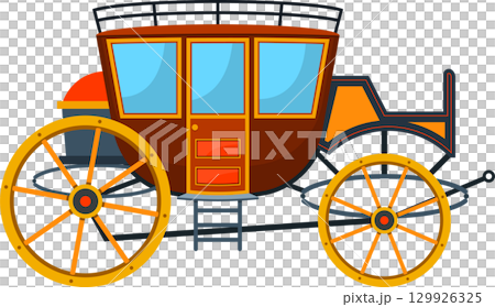 A vibrant, cartoon-style carriage stands against a black backdrop, evoking historical charm. 129926325