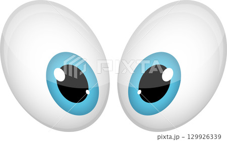 Cartoonish, expressive blue eyes peering upwards, glossy white outer and black inner circles 129926339