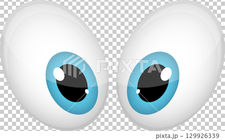 Cartoonish, expressive blue eyes peering upwards, glossy white outer and black inner circles 129926339