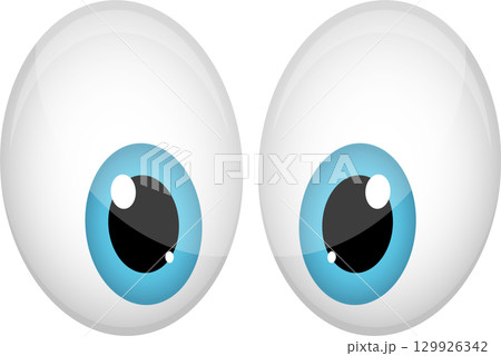 Cartoon illustration of two wide, expressive eyes with large, blue irises and shiny reflections. Cartoon illustration of two wide, expressive eyes with large, blue irises and shiny reflections. 129926342