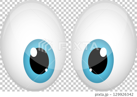 Cartoon illustration of two wide, expressive eyes with large, blue irises and shiny reflections. 129926342
