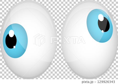 Two stylized eyeballs with blue irises are positioned side by side, each looking in opposite directions. Two stylized eyeballs with blue irises are positioned side by side, each looking in opposite directions. 129926343
