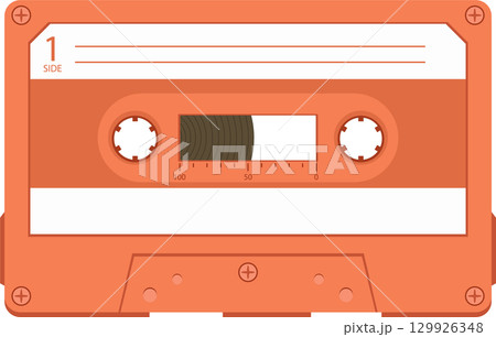 Retro audio cassette tape with an orange shell and white label, evoking nostalgia and vintage charm. 129926348