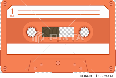 Retro audio cassette tape with an orange shell and white label, evoking nostalgia and vintage charm. 129926348