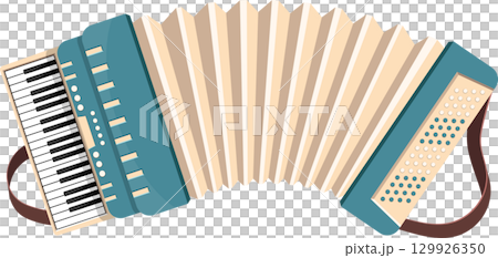 Illustration of an accordion with piano keys, air bellows, buttons, and brown leather straps. Illustration of an accordion with piano keys, air bellows, buttons, and brown leather straps. 129926350