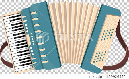 Classic blue and cream-colored accordion, complete with keys, buttons, and bellows, musical instrument Classic blue and cream-colored accordion, complete with keys, buttons, and bellows, musical instrument 129926352