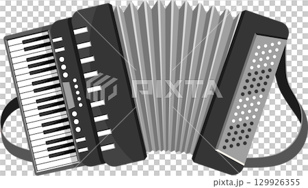 A black and white accordion with bellows and keys, a musical instrument, is shown in a cartoon art. A black and white accordion with bellows and keys, a musical instrument, is shown in a cartoon art. 129926355