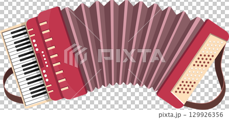 Red and pink cartoon accordion with black and white keys and brown straps for performance. Red and pink cartoon accordion with black and white keys and brown straps for performance. 129926356