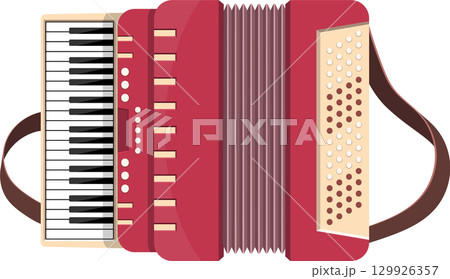 A red accordion with a keyboard and buttons is displayed against a black background. A red accordion with a keyboard and buttons is displayed against a black background. 129926357